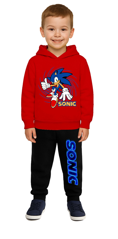 Sonic Baskılı Çocuk Eşofman Takımı 3 İplik Şardonlu Pamuklu Kumaş Kapüşonlu
