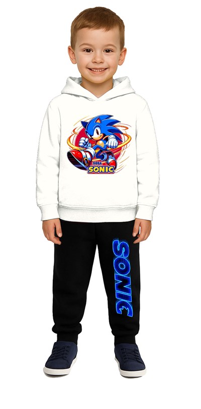 Sonic Baskılı Çocuk Eşofman Takımı 3 İplik Şardonlu Pamuklu Kumaş Kapüşonlu
