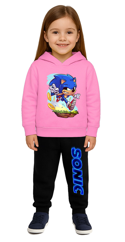 Sonic Baskılı Çocuk Eşofman Takımı 3 İplik Şardonlu Pamuklu Kumaş Kapüşonlu