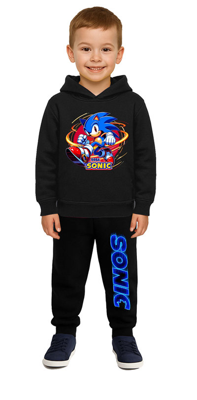 Sonic Baskılı Çocuk Eşofman Takımı 3 İplik Şardonlu Pamuklu Kumaş Kapüşonlu