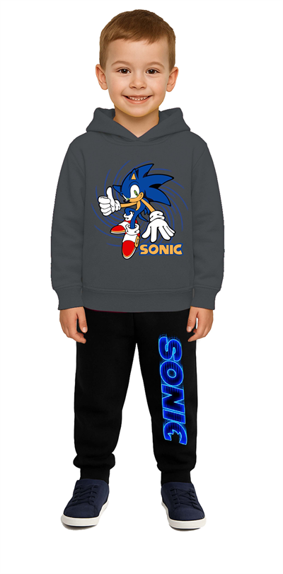 Sonic Baskılı Çocuk Eşofman Takımı 3 İplik Şardonlu Pamuklu Kumaş Kapüşonlu