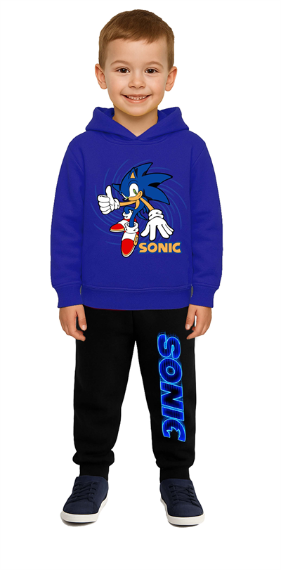 Sonic Baskılı Çocuk Eşofman Takımı 3 İplik Şardonlu Pamuklu Kumaş Kapüşonlu