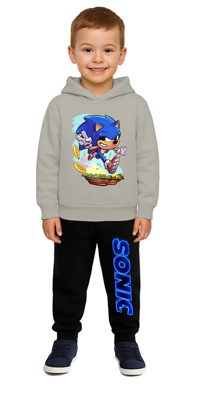 Sonic Baskılı Çocuk Eşofman Takımı 3 İplik Şardonlu Pamuklu Kumaş Kapüşonlu