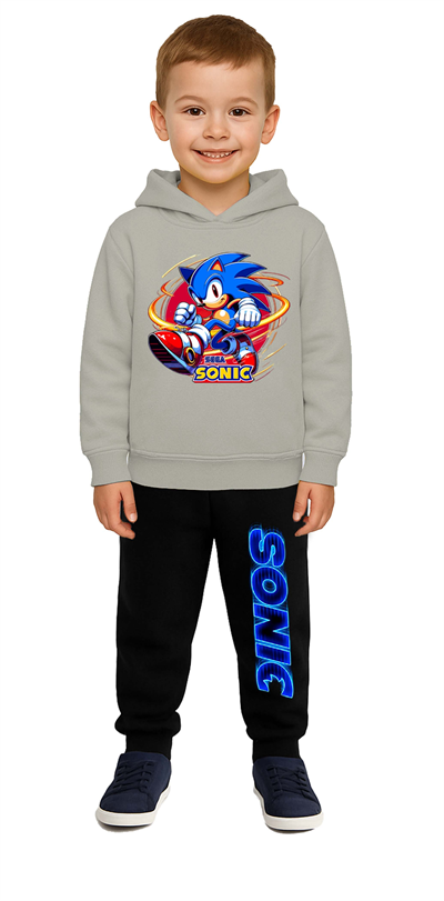 Sonic Baskılı Çocuk Eşofman Takımı 3 İplik Şardonlu Pamuklu Kumaş Kapüşonlu
