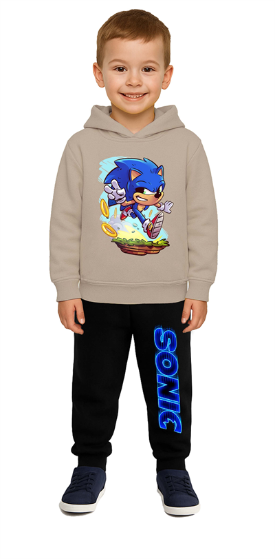 Sonic Baskılı Çocuk Eşofman Takımı 3 İplik Şardonlu Pamuklu Kumaş Kapüşonlu