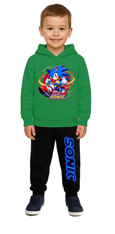 Sonic Baskılı Çocuk Eşofman Takımı 3 İplik Şardonlu Pamuklu Kumaş Kapüşonlu
