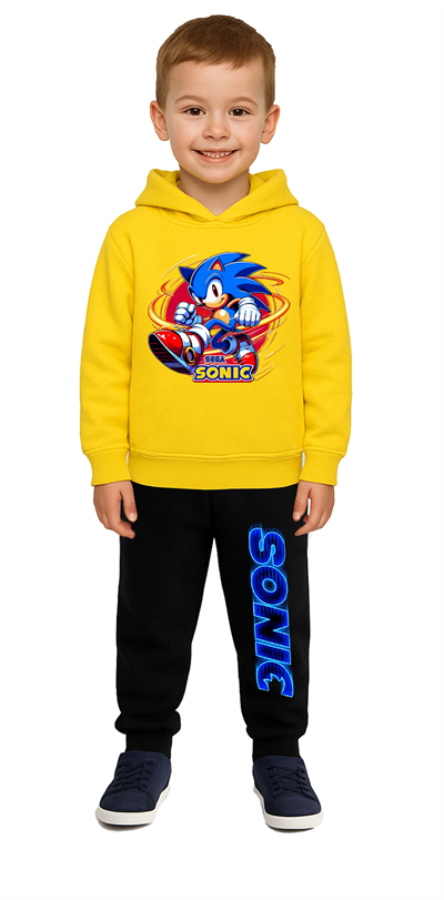 Sonic Baskılı Çocuk Eşofman Takımı 3 İplik Şardonlu Pamuklu Kumaş Kapüşonlu
