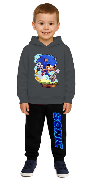 Sonic Baskılı Çocuk Eşofman Takımı 3 İplik Şardonlu Pamuklu Kumaş Kapüşonlu