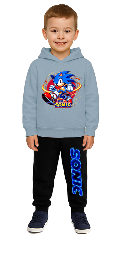 Sonic Baskılı Çocuk Eşofman Takımı 3 İplik Şardonlu Pamuklu Kumaş Kapüşonlu