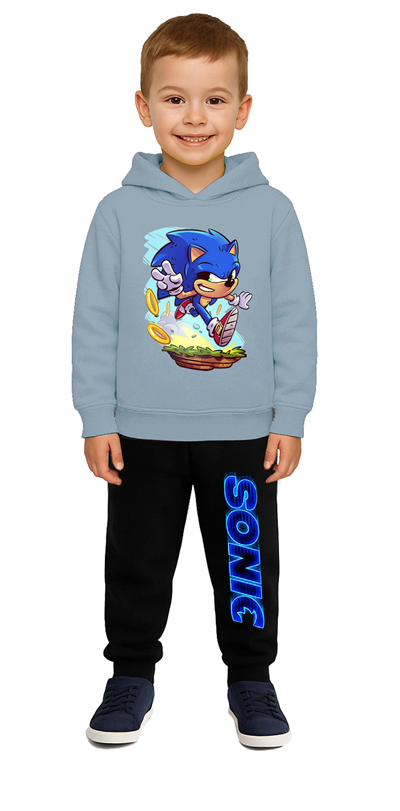 Sonic Baskılı Çocuk Eşofman Takımı 3 İplik Şardonlu Pamuklu Kumaş Kapüşonlu