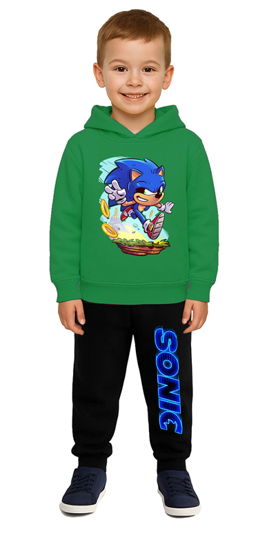 Sonic Baskılı Çocuk Eşofman Takımı 3 İplik Şardonlu Pamuklu Kumaş Kapüşonlu