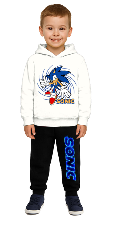 Sonic Baskılı Çocuk Eşofman Takımı 3 İplik Şardonlu Pamuklu Kumaş Kapüşonlu