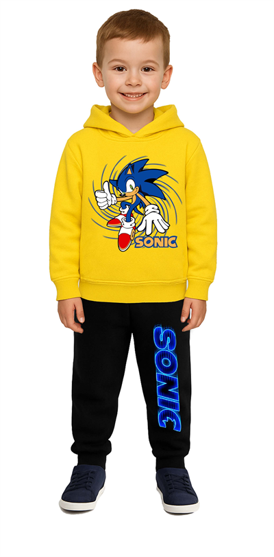 Sonic Baskılı Çocuk Eşofman Takımı 3 İplik Şardonlu Pamuklu Kumaş Kapüşonlu
