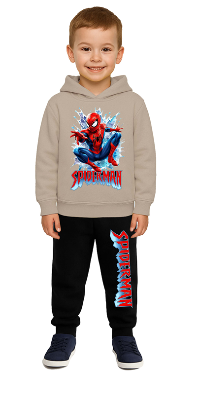 Spiderman Baskılı Çocuk Eşofman Takımı 3 İplik Şardonlu Pamuklu Kumaş Kapüşonlu