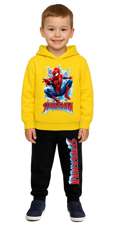 Spiderman Baskılı Çocuk Eşofman Takımı 3 İplik Şardonlu Pamuklu Kumaş Kapüşonlu