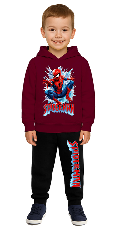 Spiderman Baskılı Çocuk Eşofman Takımı 3 İplik Şardonlu Pamuklu Kumaş Kapüşonlu