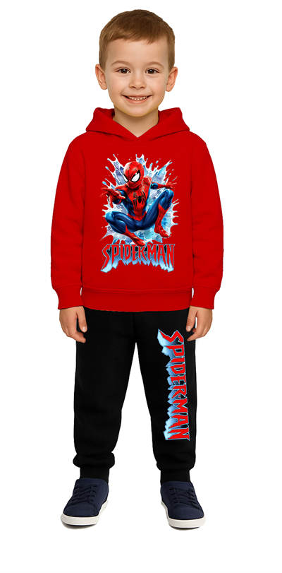 Spiderman Baskılı Çocuk Eşofman Takımı 3 İplik Şardonlu Pamuklu Kumaş Kapüşonlu
