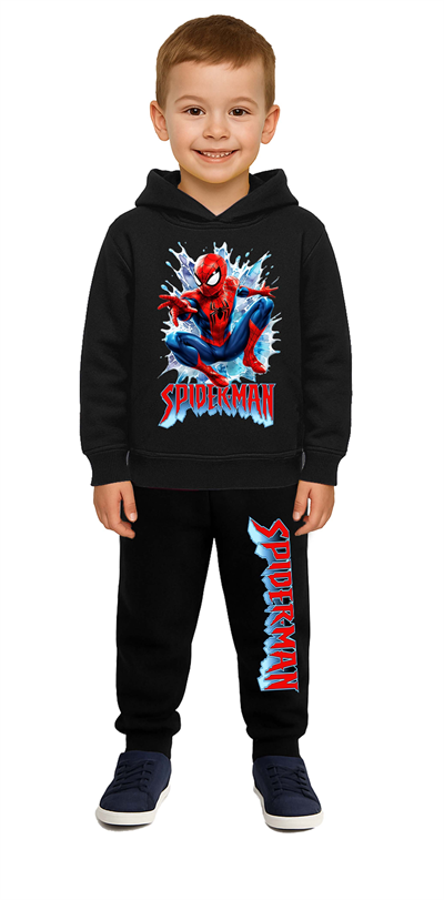Spiderman Baskılı Çocuk Eşofman Takımı 3 İplik Şardonlu Pamuklu Kumaş Kapüşonlu