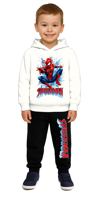 Spiderman Baskılı Çocuk Eşofman Takımı 3 İplik Şardonlu Pamuklu Kumaş Kapüşonlu