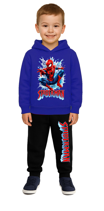 Spiderman Baskılı Çocuk Eşofman Takımı 3 İplik Şardonlu Pamuklu Kumaş Kapüşonlu