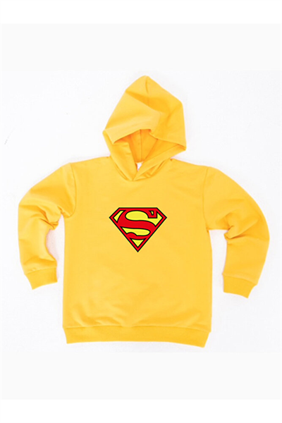 Superman baskılı kapüşonlu pamuklu kumaş çocuk sweatshirt