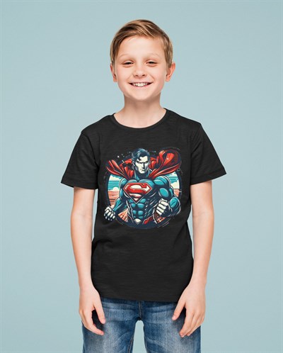 Superman baskılı pamuklu penye kumaş yazlık çocuk tişört