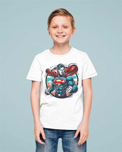 Superman baskılı pamuklu penye kumaş yazlık çocuk tişört
