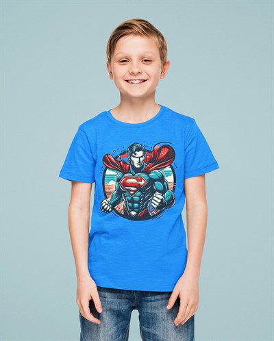 Superman baskılı pamuklu penye kumaş yazlık çocuk tişört