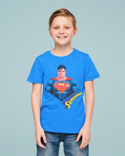 Superman baskılı pamuklu penye kumaş yazlık çocuk tişört