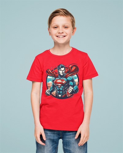 Superman baskılı pamuklu penye kumaş yazlık çocuk tişört