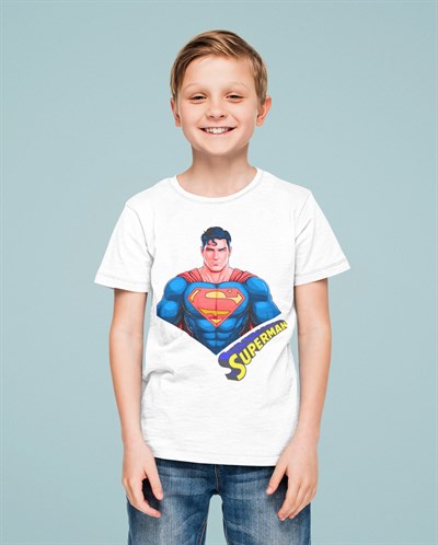 Superman baskılı pamuklu penye kumaş yazlık çocuk tişört