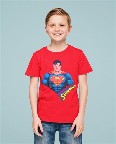 Superman baskılı pamuklu penye kumaş yazlık çocuk tişört