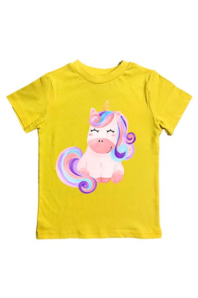 Unicorn baskılı pamuklu penye kumaş yazlık çocuk tişört