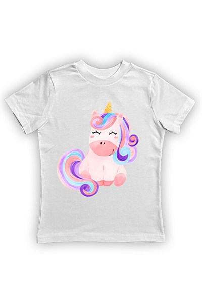 Unicorn baskılı pamuklu penye kumaş yazlık çocuk tişört