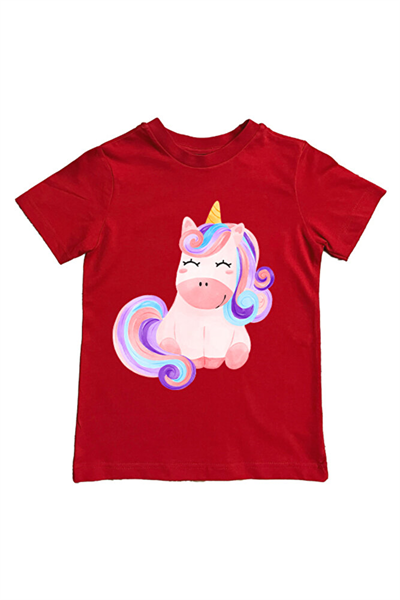 Unicorn baskılı pamuklu penye kumaş yazlık çocuk tişört