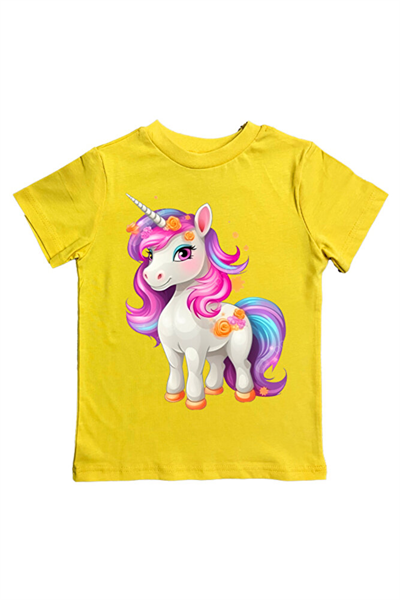 Unicorn baskılı pamuklu penye kumaş yazlık çocuk tişört