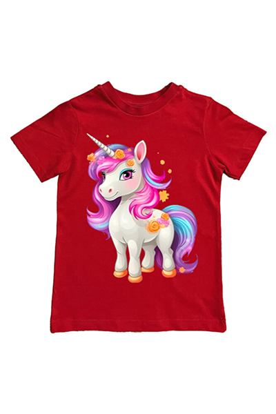 Unicorn baskılı pamuklu penye kumaş yazlık çocuk tişört