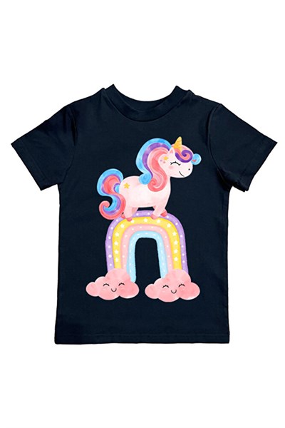 Unicorn baskılı pamuklu penye kumaş yazlık çocuk tişört