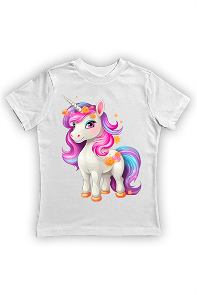Unicorn baskılı pamuklu penye kumaş yazlık çocuk tişört