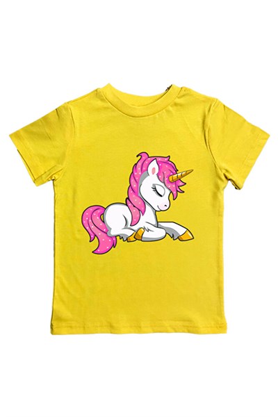 Unicorn baskılı pamuklu penye kumaş yazlık çocuk tişört