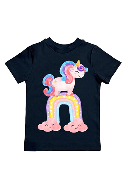 Unicorn baskılı pamuklu penye kumaş yazlık çocuk tişört