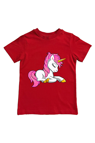 Unicorn baskılı pamuklu penye kumaş yazlık çocuk tişört