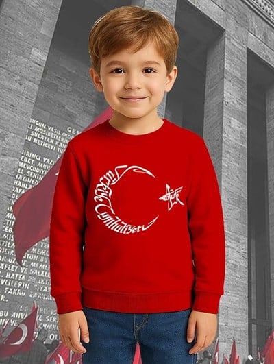 Unisex Ay Yıldızlı 19 Mayıs 29 Ekim 23 Nisan 10 Kasım Atatürk Çocuk 3 İplik Şardonlu Sweatshirt