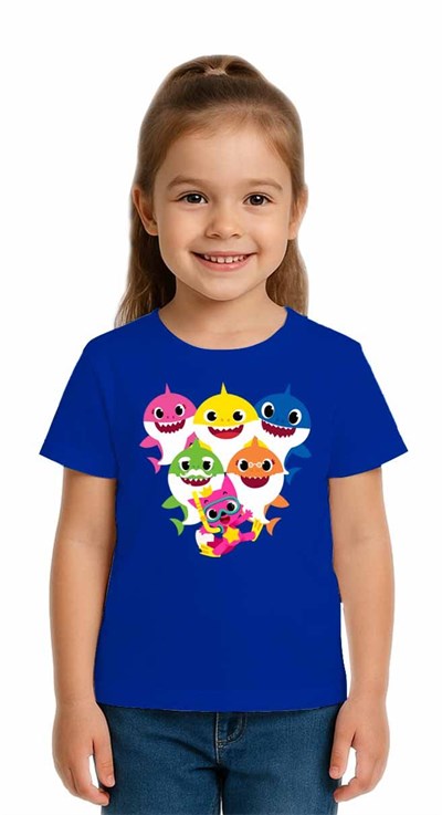 Unisex Baby Shark Baskılı Çocuk Tişört pamuklu penye kumaş