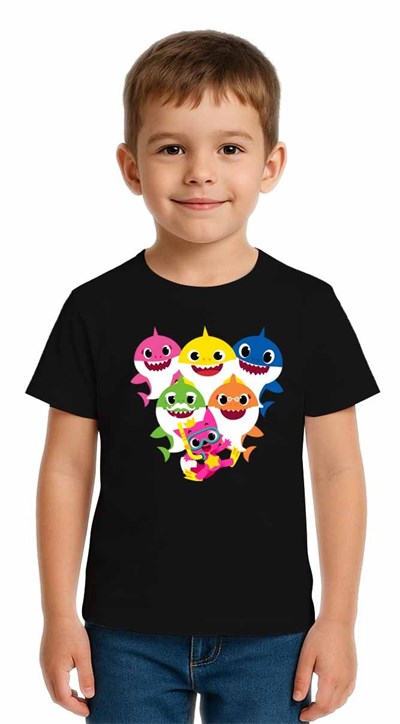 Unisex Baby Shark Baskılı Çocuk Tişört pamuklu penye kumaş