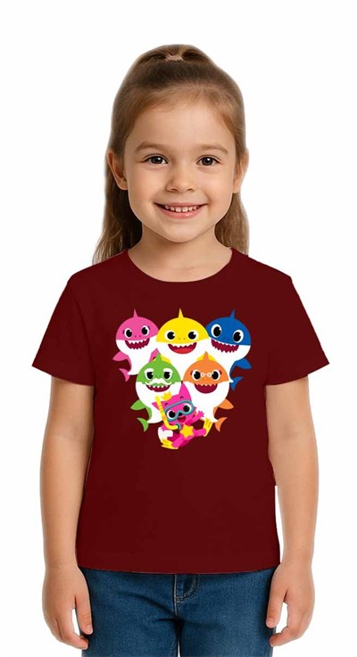 Unisex Baby Shark Baskılı Çocuk Tişört pamuklu penye kumaş
