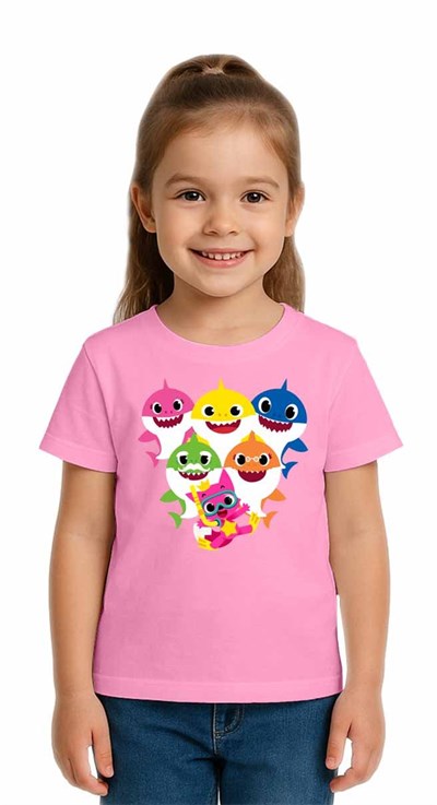 Unisex Baby Shark Baskılı Çocuk Tişört pamuklu penye kumaş