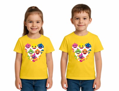 Unisex Baby Shark Baskılı Çocuk Tişört pamuklu penye kumaş