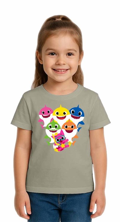 Unisex Baby Shark Baskılı Çocuk Tişört pamuklu penye kumaş