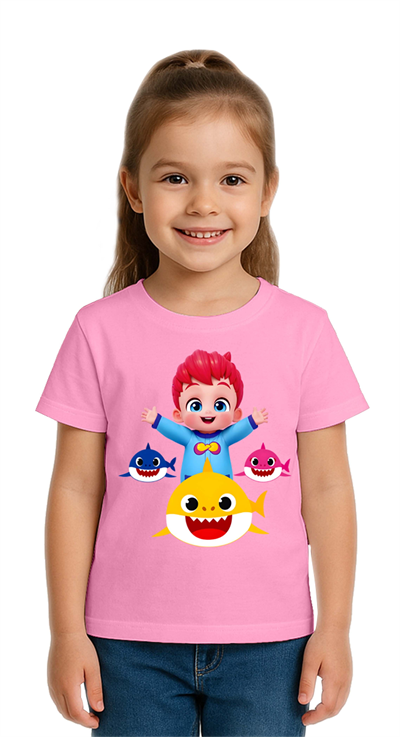 Unisex Baby Shark  Baskılı Çocuk Tişört pamuklu penye kumaş